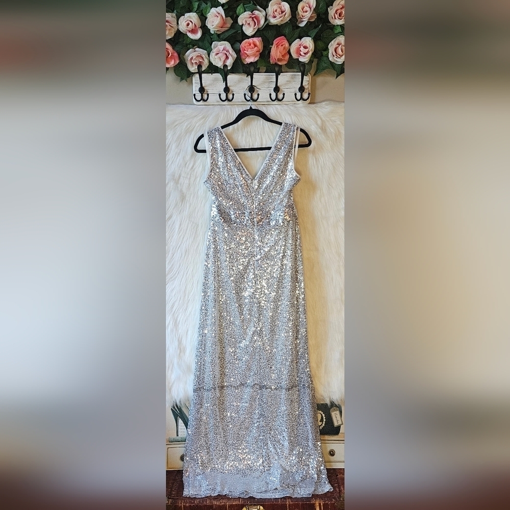 Kate Kasin Silver Empire Sequin Maxi Dress - Picture 5 of 15